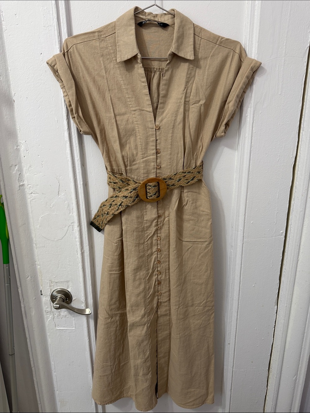 Zara Tan Button-Front Midi Shirt Dress with Braided Belt